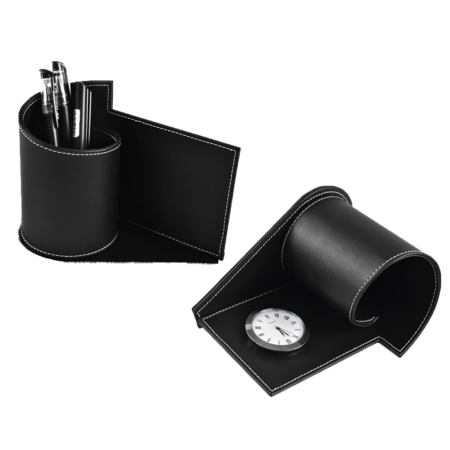 

personalized black leather pen holder desk clock