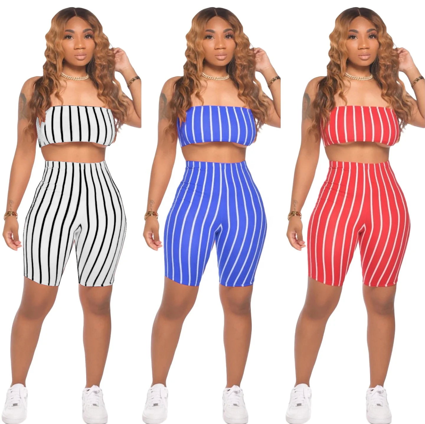 

MT117-603 2021 hot sale fashion women's sexy wrap chst striped casual sports women's two-piece suit women clothing sets