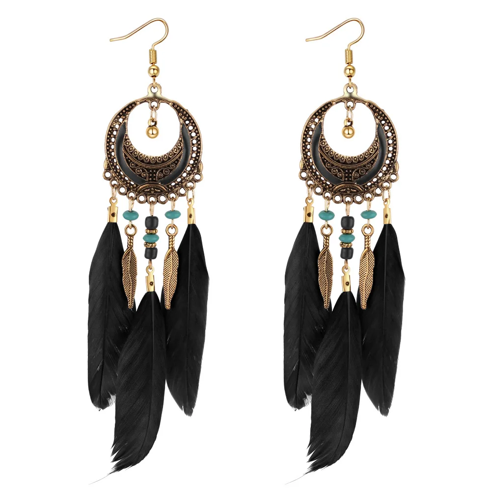 

Women'S Vintage Long Feather Earrings Drop Dangle Tassel Earring Bohemia Pendant Feather Earrings