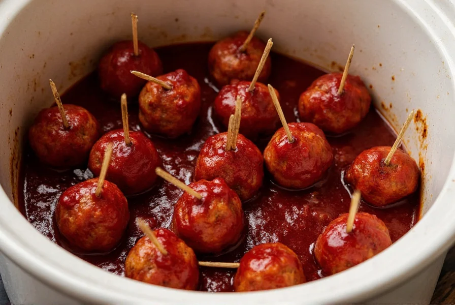 Close-up of glossy grape jelly chili meatballs served in slow cooker with toothpicks