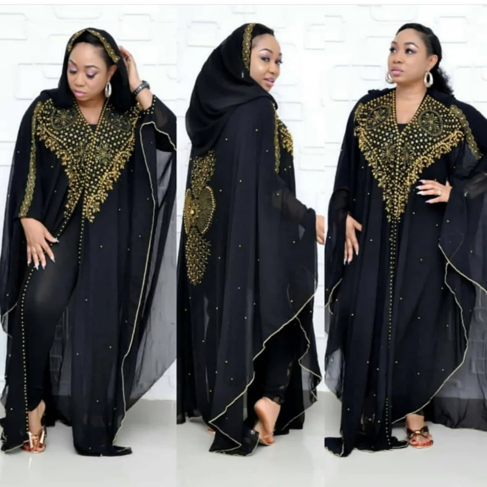 

New Hot Women Dubai Open Turkish Stones Chiffon Hooded Dress Elegant African Dress, Black