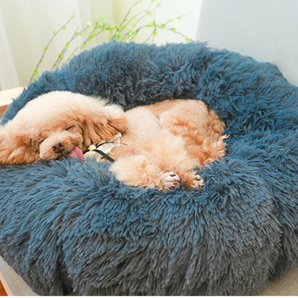 

Super Soft Pet Winter Warm Sleeping Bed for dogs Kennel Dog Round Long Plush Puppy Cushion Mat Portable Cat Supplies