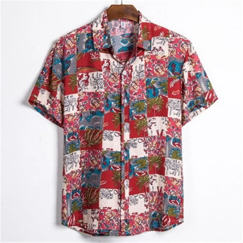 

Europe and America Printed Casual Patchwork Men's T-shirts, Red