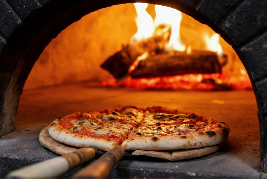 Authentic Neapolitan pizza being prepared in a wood-fired oven at Pepper Moon restaurant