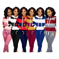 

SAG5172 high quality custom logo striped hooded plus size two piece casual female winter sweatsuit set