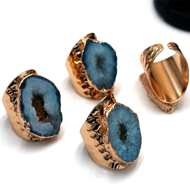 

Natural Crystal Agates Window Druzy Rings Gold Plating Crystal Geode Ring Adjustable Natural Stone Rings