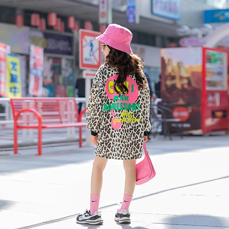 

2021 New Spring Children Girl Cheetah Letter Printed Casual Sweater Big Girl Fashion Long Top 4-14 years, As photos