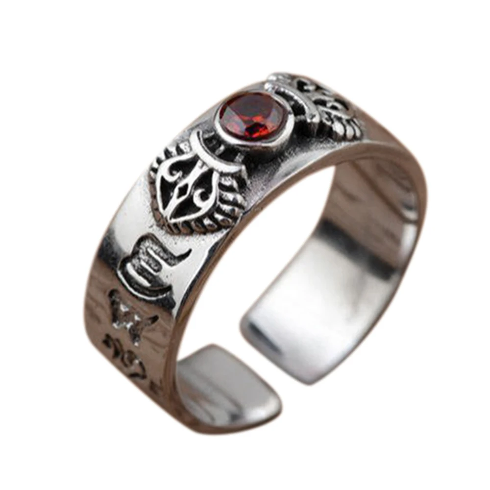 

Real Pure 925 Sterling Silver Mantra Ring For Women With Natural Garnet Vintage Style Six Words Buddhist Jewelry Opening Type