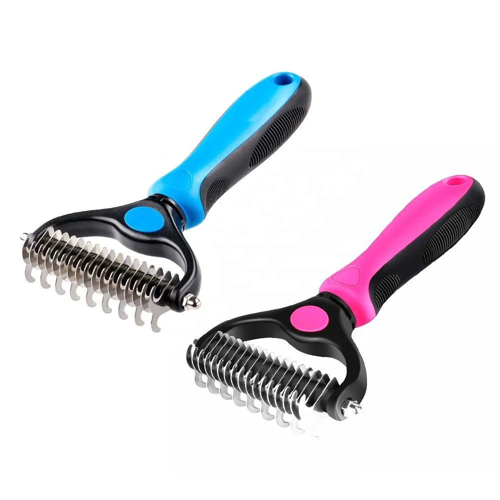 

Pet Hair Removal Comb Double Sided Blades Fur Dematting Trimmer Deshedding Brush Grooming Tool Undercoat Rake for Dogs Cats Safe, Blue, rose pink