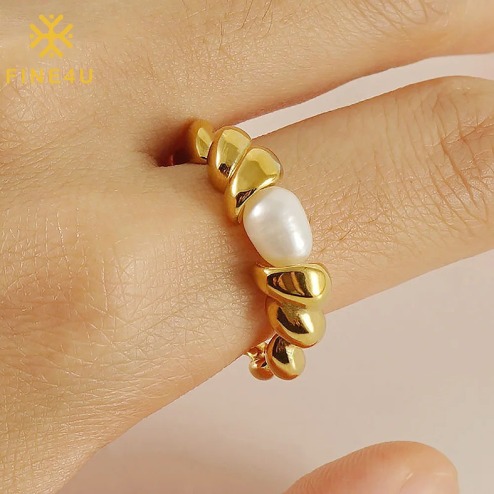 

New Fashion Women Tarnish Free Jewelry Irregular Twisted 18K Gold Plated Stainless Steel Natural Pearl Ring