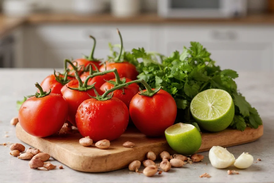 Ghost pepper salsa ingredients including roasted tomatoes, ghost peppers, lime, cilantro, and garlic arranged professionally on kitchen counter