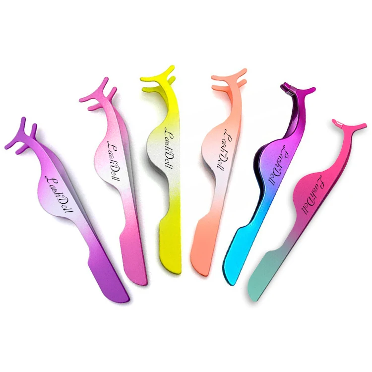 

Hotsale Stanless Steel Metal Pink Lashes Tweezers Custom Logo Gradient Color 3D Glod Eyelash Curler OEM Private Label Applicator, Colorful