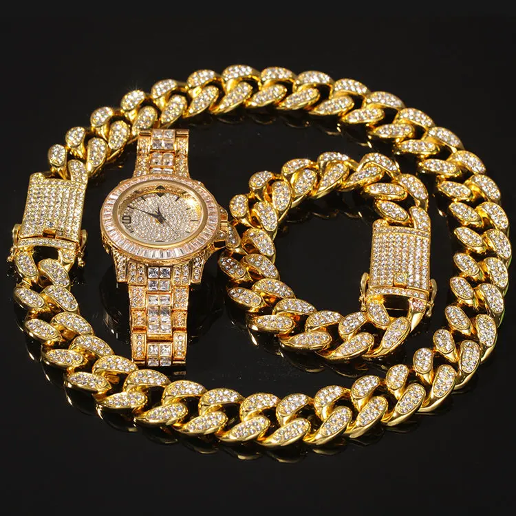 

Hip Hop Rapper Jewelry Iced Out Bling Gold Plated Cuban Chain Necklace Bracelet Watch 3 Jewelry Sets, Gold/silver