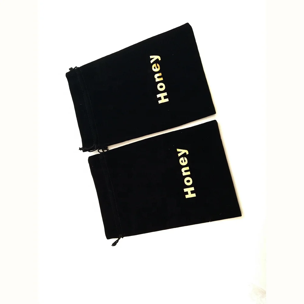 

wholesale black big drawstring jewelry velvet pouch bags with hot stamp logo