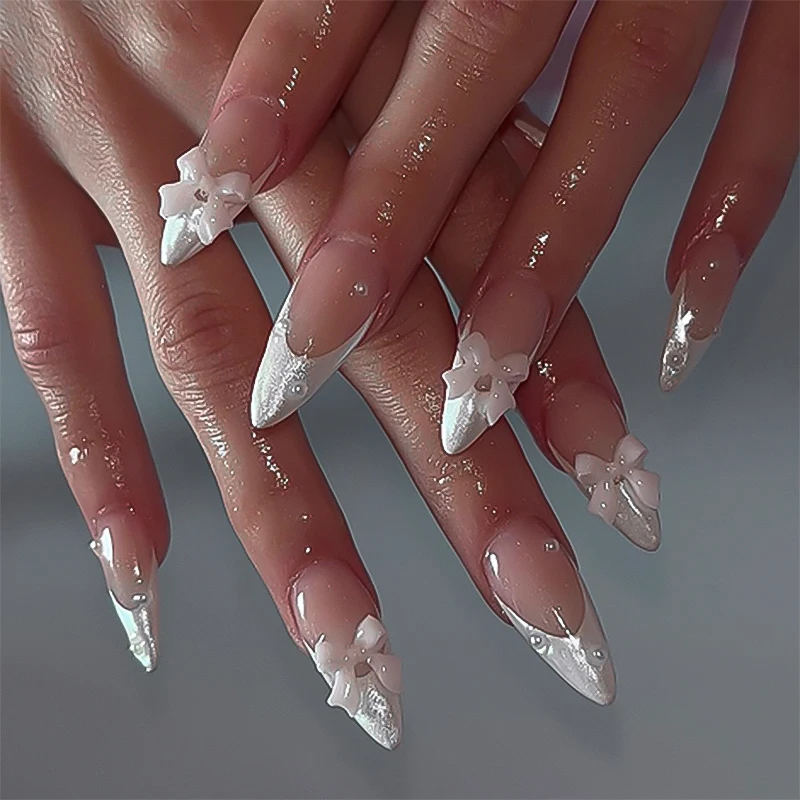 24 Pcs 3742 Elegant White and Nude Nail Tips with 3D Bows and Glitter Accents Medium Almond Press on Nails Artificial Fingernail