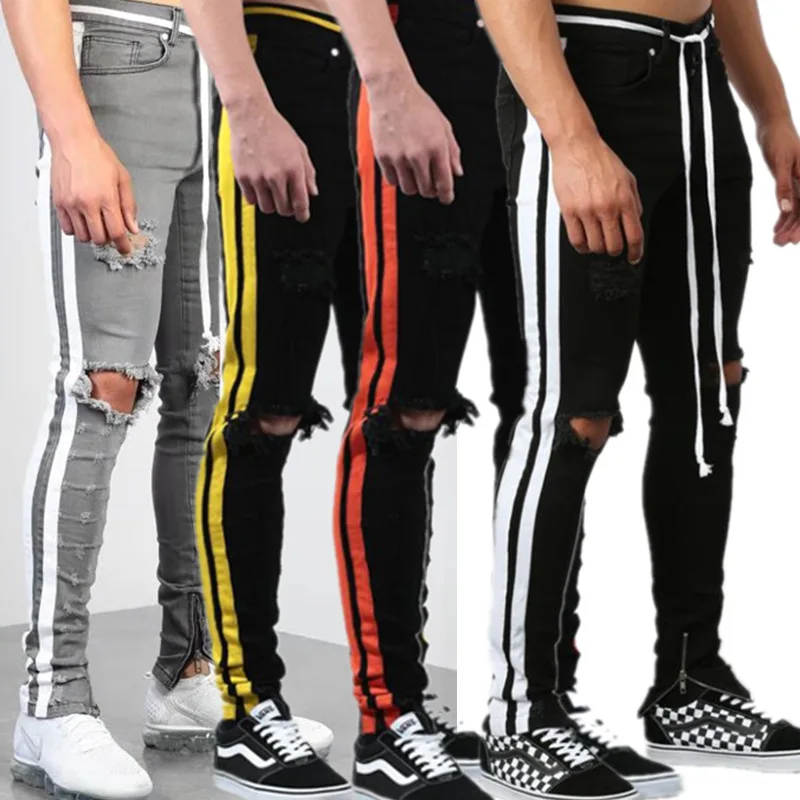 

New Style Jeans Men's Hot Sale Pull Link Webbing Jeans Men's Knee Holes Men Jeans Trousers