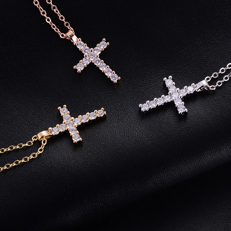 

Women Classic Real 18k Gold Plated Stainless Steel Chain CZ Cross Pendant Necklace Clear Cubic Zirconia Cross Necklace