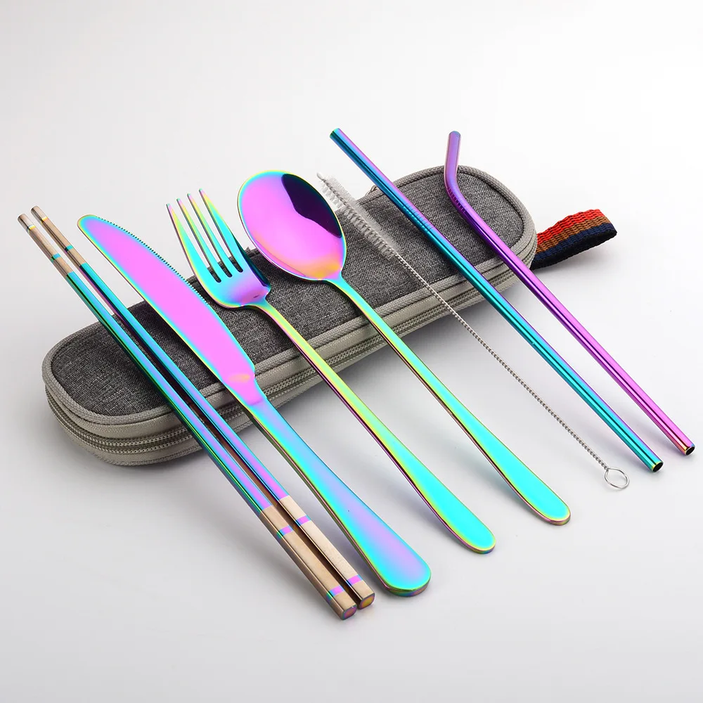 

Reusable Cutlery 7 piece straws spoon fork knife chopsticks Stainless Steel cutlery set with case