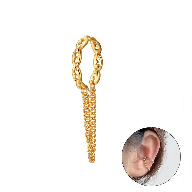

RINNTIN CL02 S925 sterling silver tassel ear cuff jewelry 18k gold palted non pierced ear clip earings for women 1pcs
