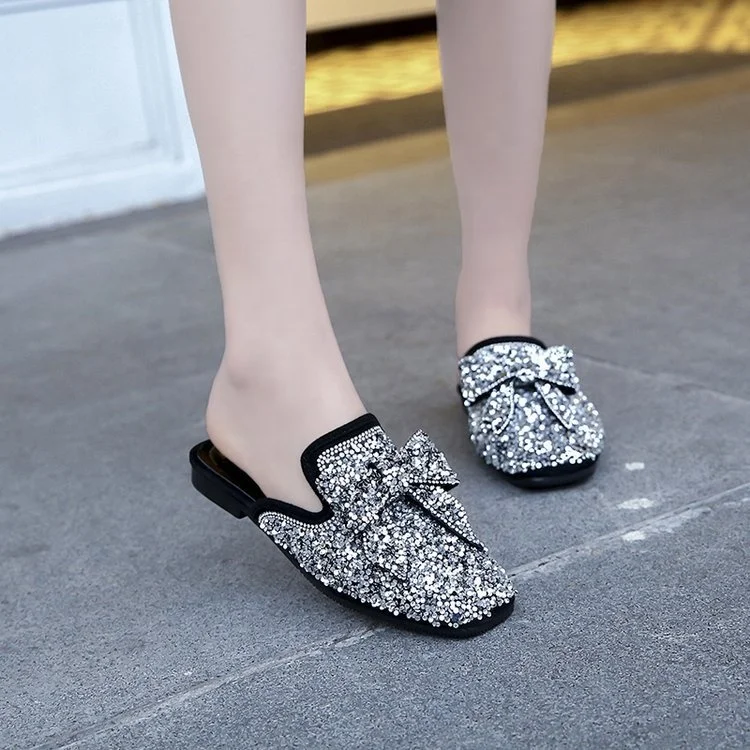 

2021 New Rhinestone Bow Women Shoes Fancy Glitter Bling Bowknot Sling-Back Slippers Silver Black New Lady New Top Brand Mules, Black \silver