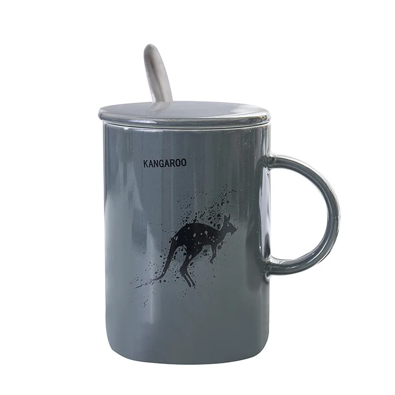 

(OEM) 420 ml Nordic animal style grey ceramic mug with lid and spoon Creative mug Office couple coffee mug