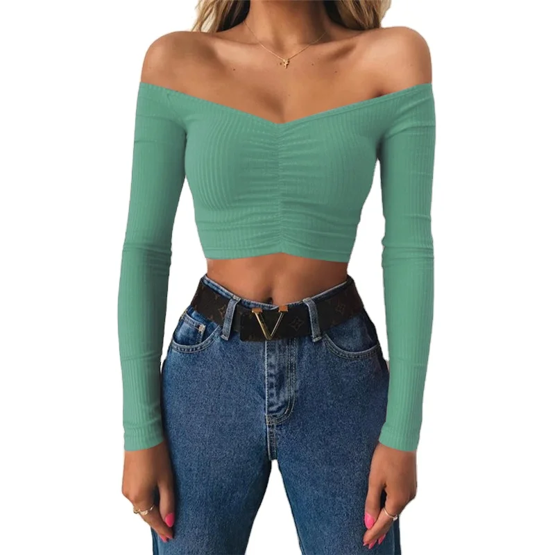 

Long sleeve A word shoulder tight midriff Short T-shirt