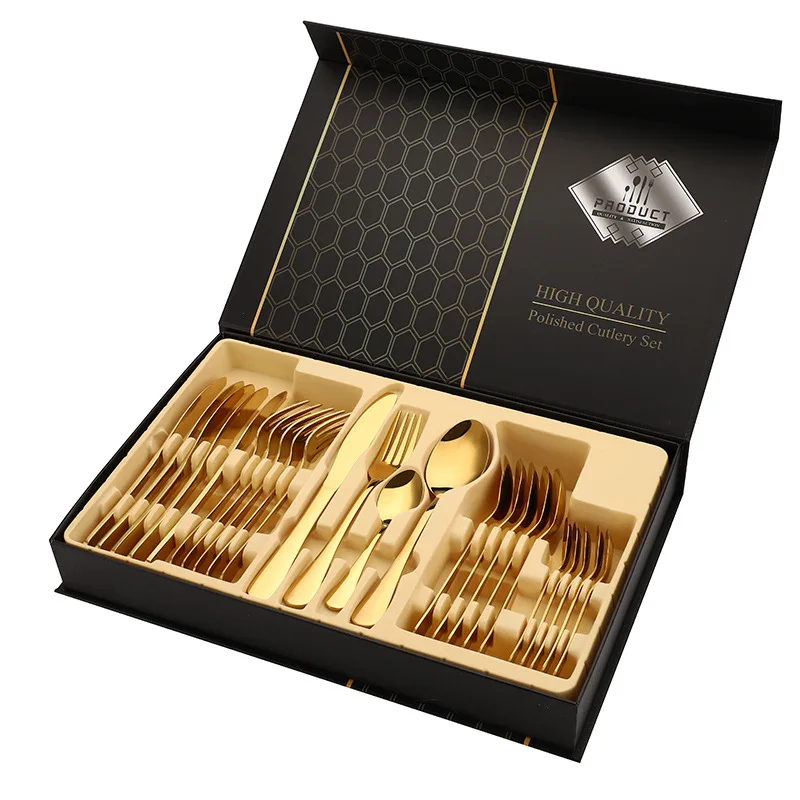 

Hot selling amazon luxury 1010 stainless steel 24 pcs gold cutlery set silverware with gift box case wholesale, Gold / rose gold / rainbow / champagne / black / silver