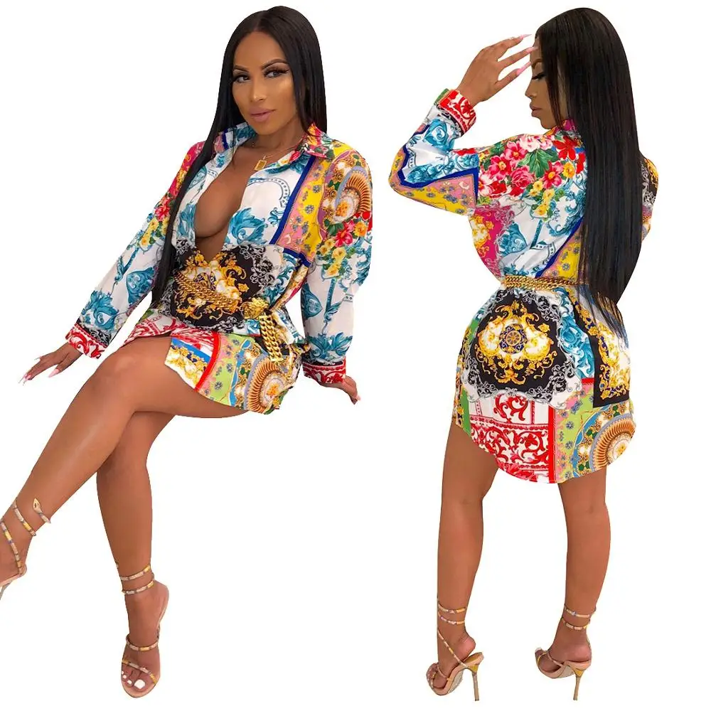 YC1894 women trending vintage print long sleeve button shirt dress