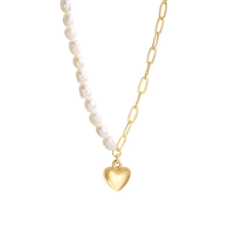 

Gold plated Freshwater Pearl women heart pendant half oval pearl beaded chain half paper clip chain necklace