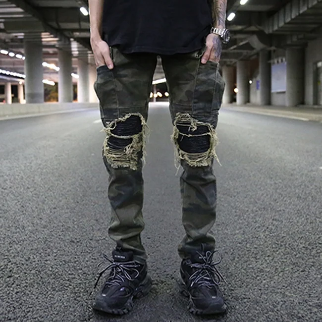 

Stock fog camo printed skinny men pants dropshipping ripped mens cargo pants wholesale