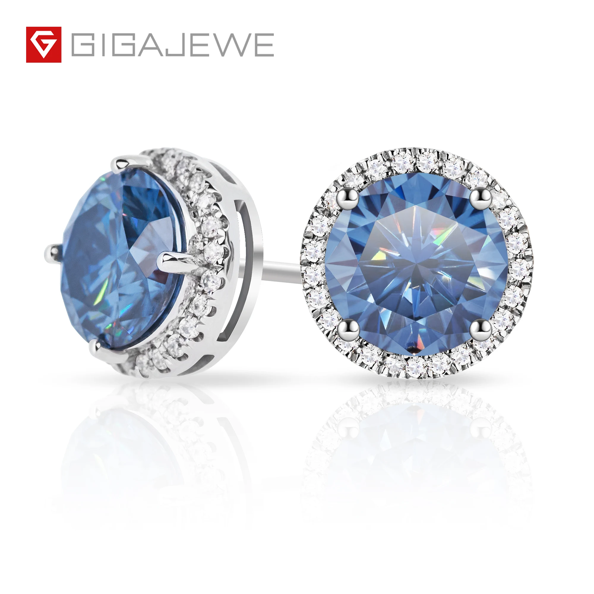 

GIGAJEWE 2.5ct White Gold 9K/14K/18K Earrings 6.5mm Round Cut Blue Color Push Back Moissanite Earrings