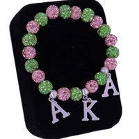 

Pink and green clay beads pave disco ball bracelet greek letter aka jewelry alpha ka alpha bracelet sorority jewelry