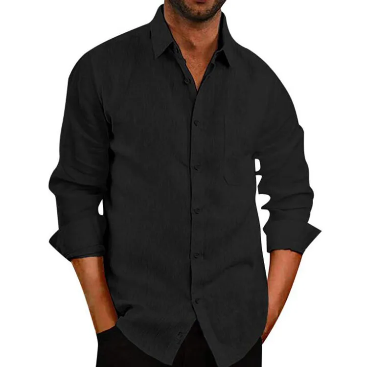 New Turn Down Collar Men Shirts Casual Loose Linen Solid Color Long Sleeve Shirt for Men