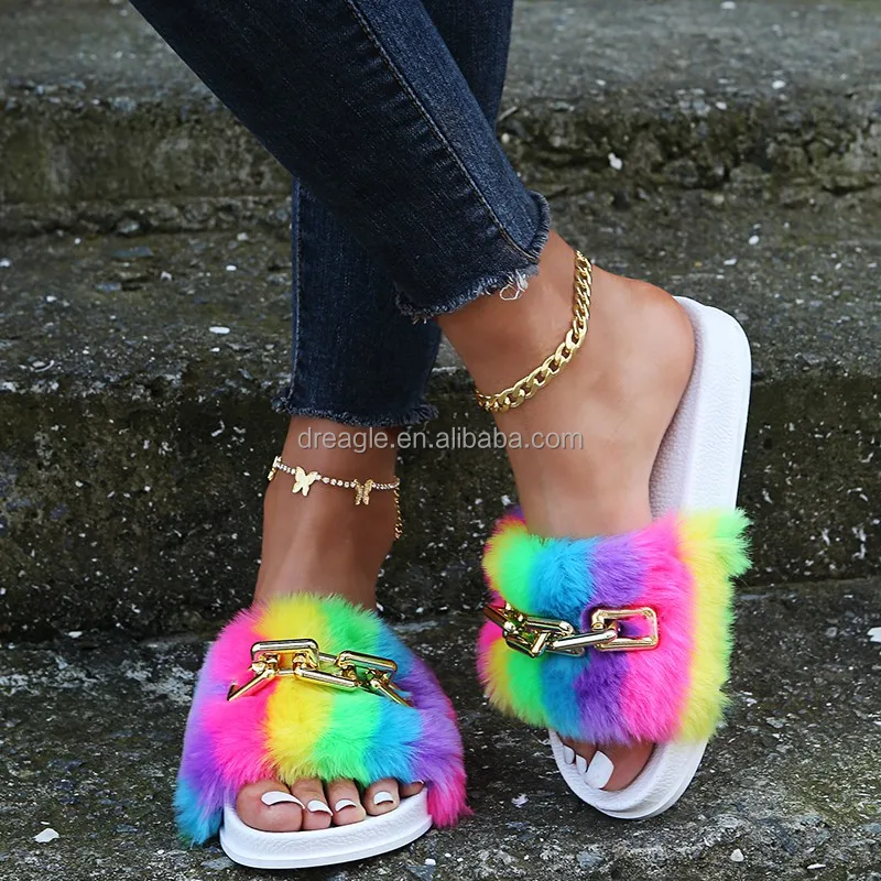 

Rainbow Chain Faux Fur Slippers Fluffy Sandals Fur Slides Female Metal Chain Round Toe Slipper Beach Shoes Zapatillas De Mujer