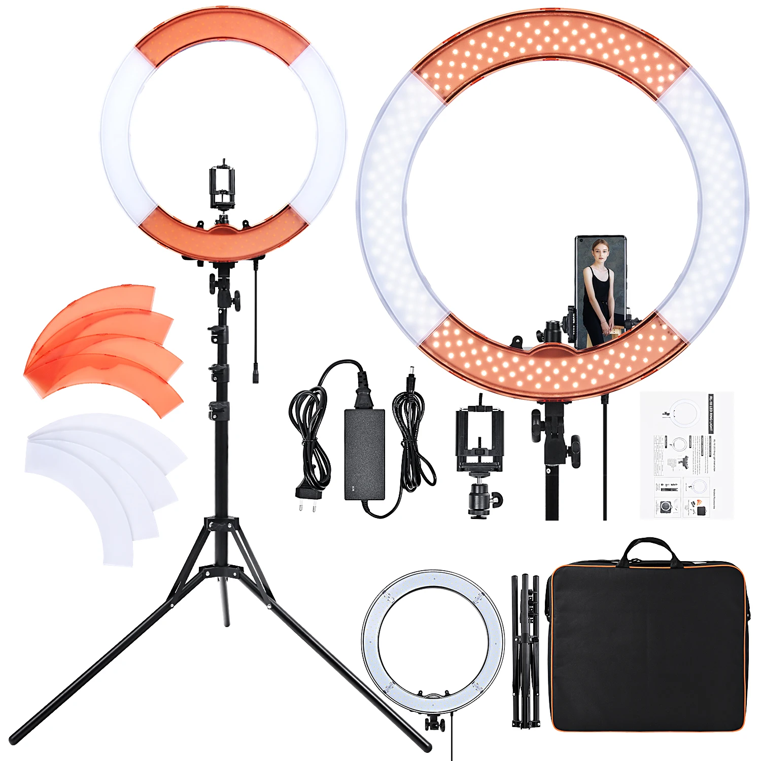 

FOSOTO Ring Light Kit:18"/48cm Outer 55W 5500K Dimmable LED Ring Light, Light Stand, Carrying Bag for Camera,Smartphone,YouTube, Black