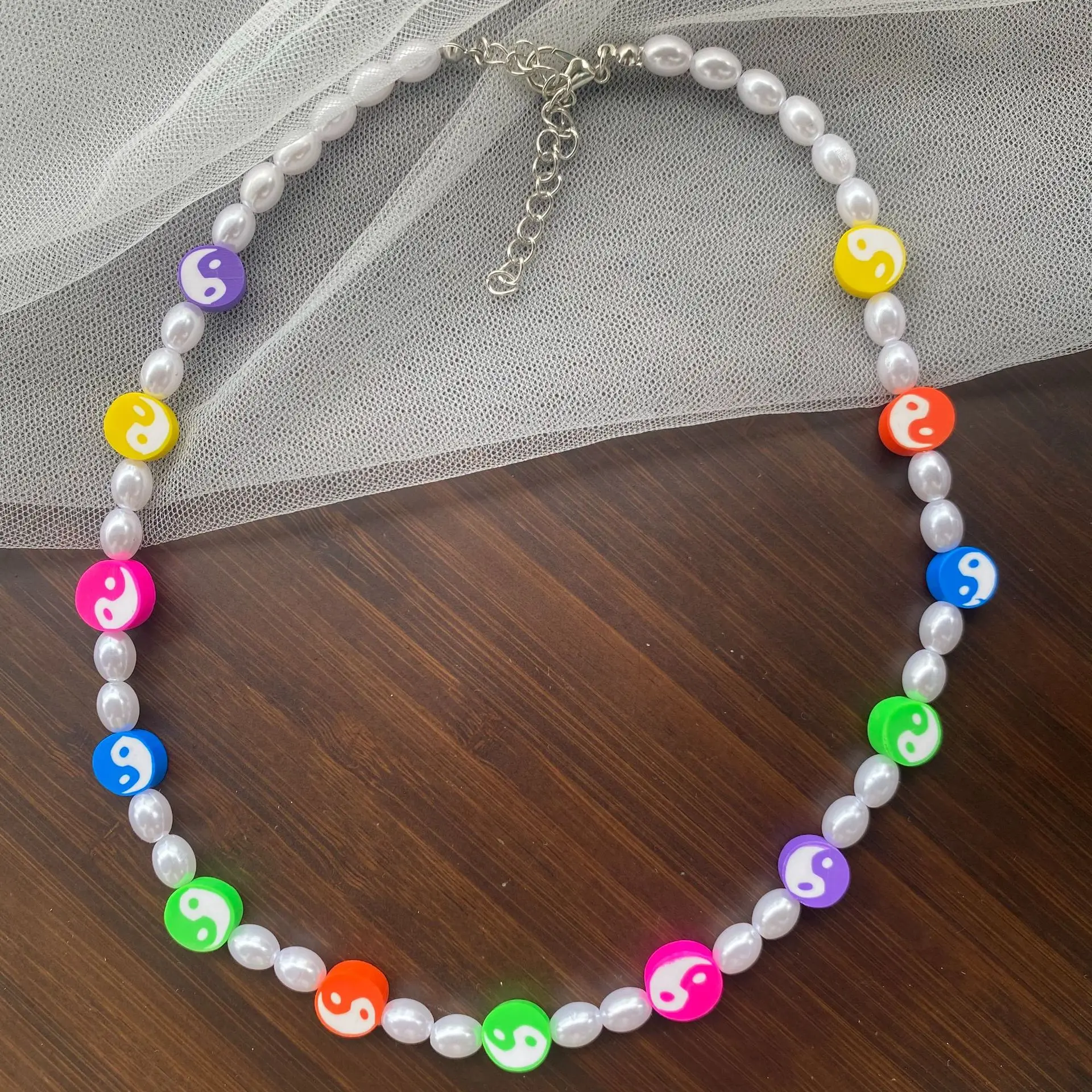 

Bohemian Braided Harajuku Y2K Jewelry 90s Aesthetic Accessories Women Rainbow Colourful Faux Pearls Tai Chi Yin Yang Necklace