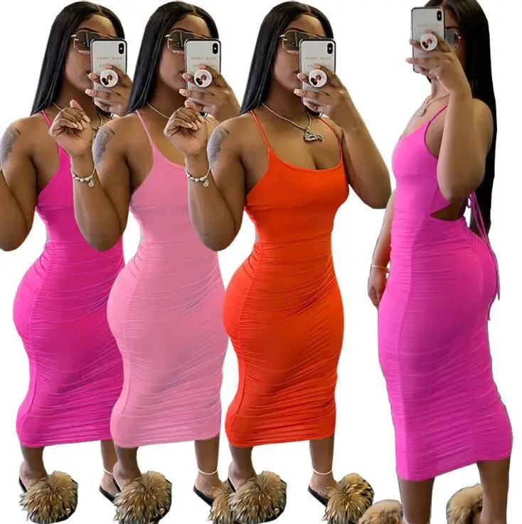 

2021 new arrive Spaghetti Strap Dresses Lady Elegant Girls Solid Color Maxi Dresses Women Stacked Sundresses, Picture shows