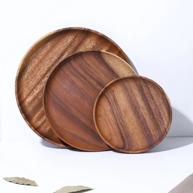 

Natural Wooden Kitchenware Products Acacia Thick Personalized Food Serving Reusable Wood Plate For Dinnerware, Natural wood color
