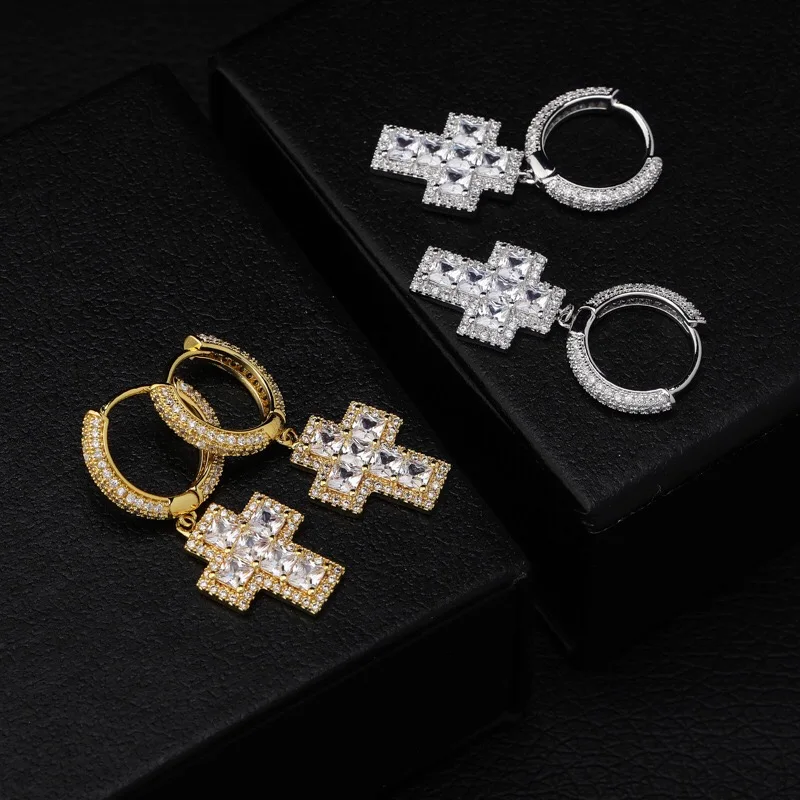 

Trendy gold plated square cz drop dangle cross zircon earrings for men hip hop