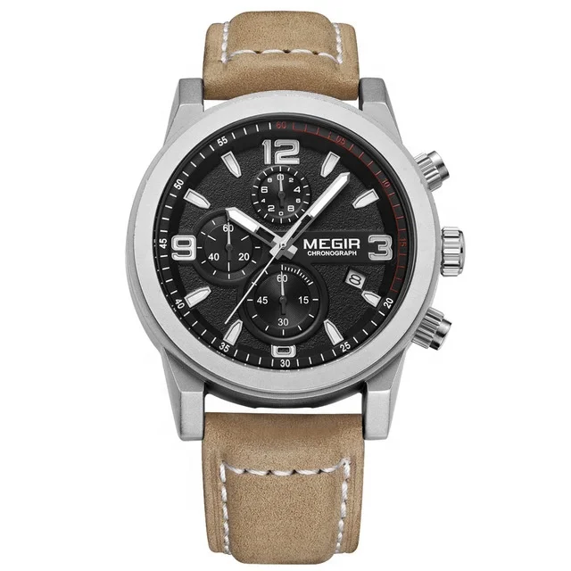 

MEGIR 2026 Fashion Sport Watch Luxury Brand Leather Band Men Quartz Watches Chronogragph Clock Men Army Military Wrist Watch