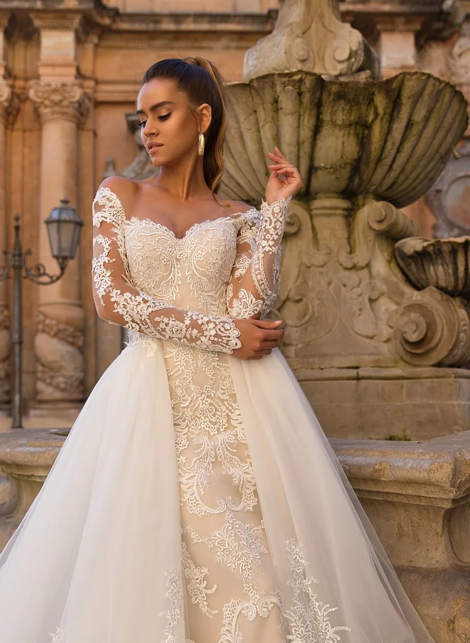 Fa158 Sexy Mermaid Wedding Dresses Detachable Skirt 2022 Off Shoulder Lace Long Sleeve Button 4840