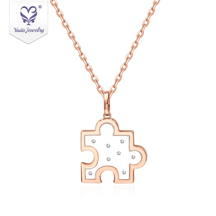 

Yadis fashion puzzle piece card jewelry real 14k rose gold round moissanite gemstone pendant necklace