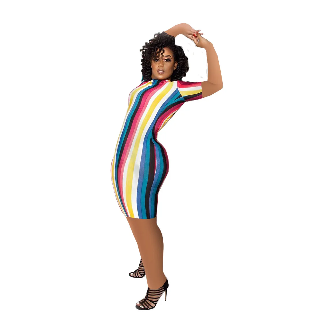 

F30506A Summer Newest Design colourful Striped women dresses casual dress, As picture