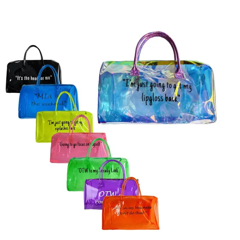 

Custom Transparent spinnanight Duffel Bag Holographic PVC spend da night Clear Duffle Bag woman