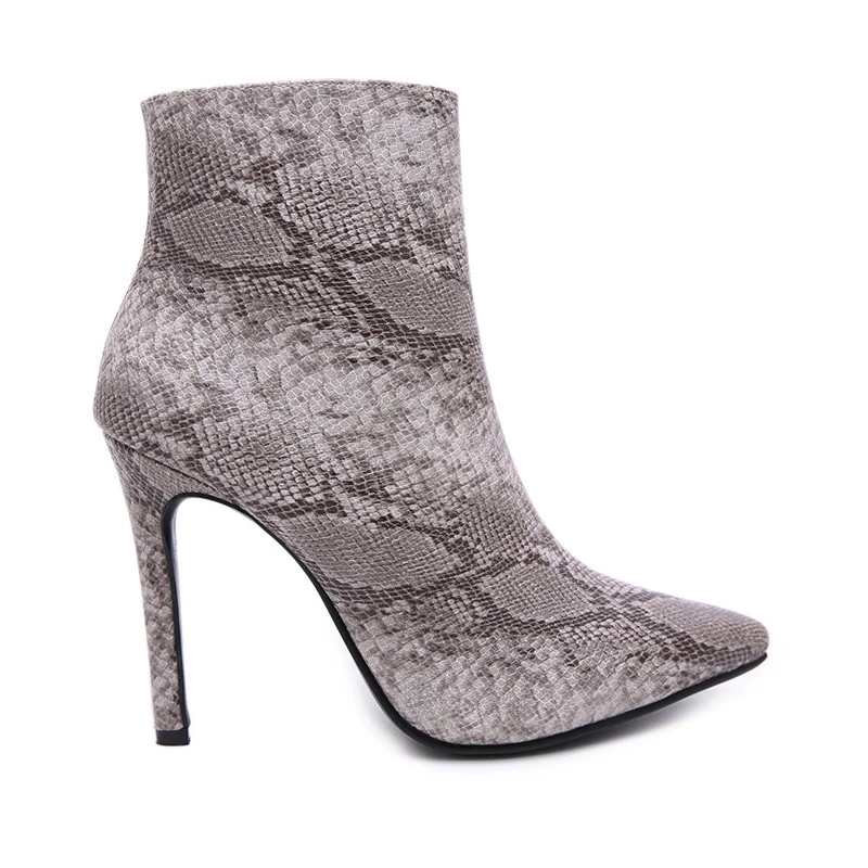 

Snake Print Sexy Thin High Boots Waterproof PU Women Fashion OEM ODM Custom Black Shoes Spring Winter Ankle Boots Heeled Shoes