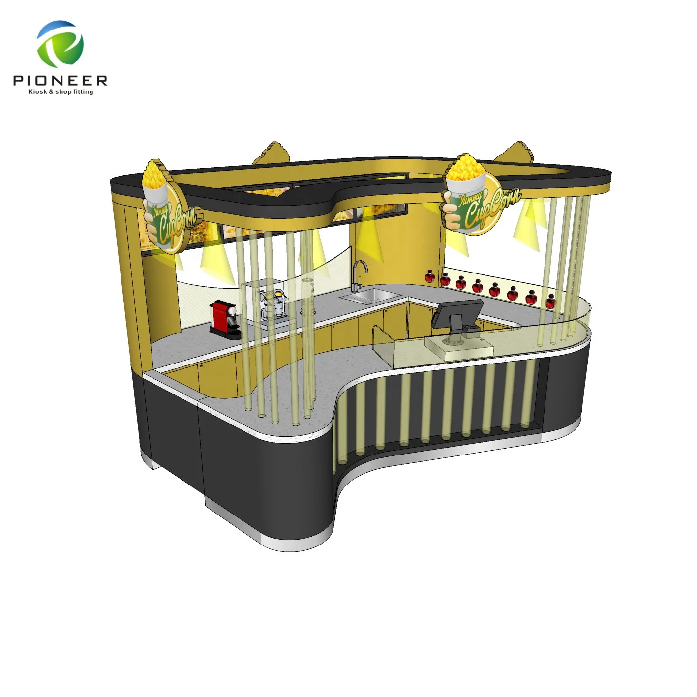 

Pioneer Curved Gold Sweet Corn Cup Corn Kiosk For Mall Popcorn Kiosk Design, Customized color