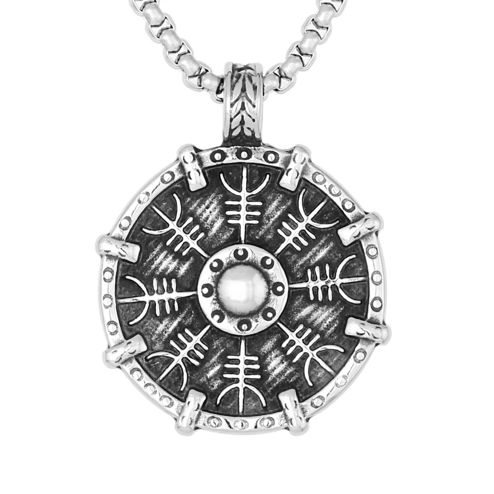 

Viking Norse Mythology Jewelry Stainless Steel Symbol Helm of Awe Shield Pendant Necklace with 3D Effect