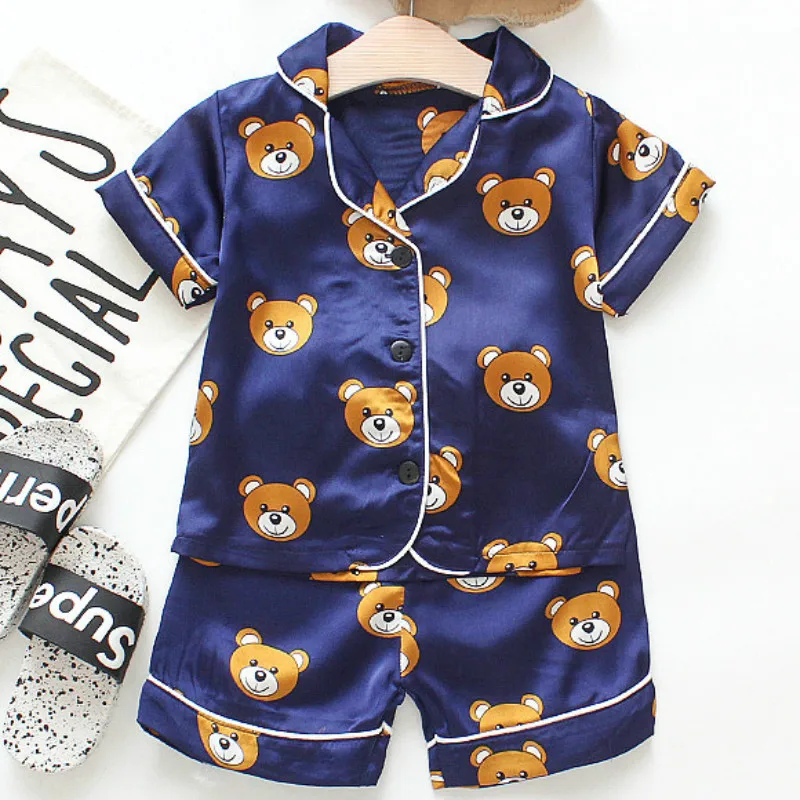 

Girls Clothing Set 2021 New Summer Children's Pajamas Silk Bear Cartoon Short-sleeved Suit Cute Kid Boy Clothes