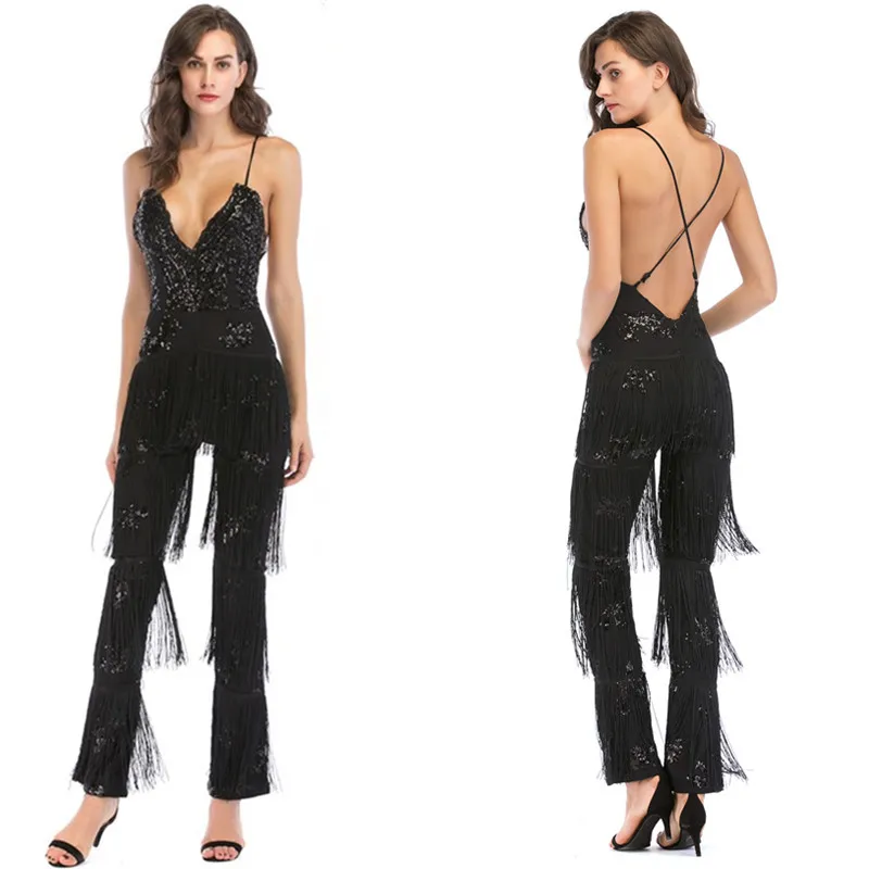 

Ocstrade Lady Thin Spaghetti Sling Gold Pattern Onepiece Elegant Deep Women V-neck Backless Cosset Sequined Tassel Pant Jumpsuit