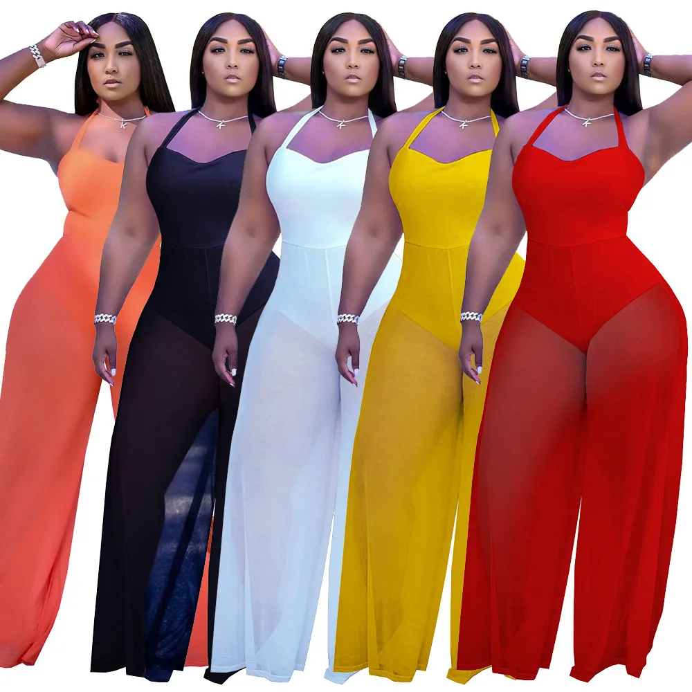 

2021 Sexy Neck Belt Sleeveless Backless Wide Leg Pants Solid Loose See-through Mesh Jumpsuit brown jumpsuit black jumpsuit, White